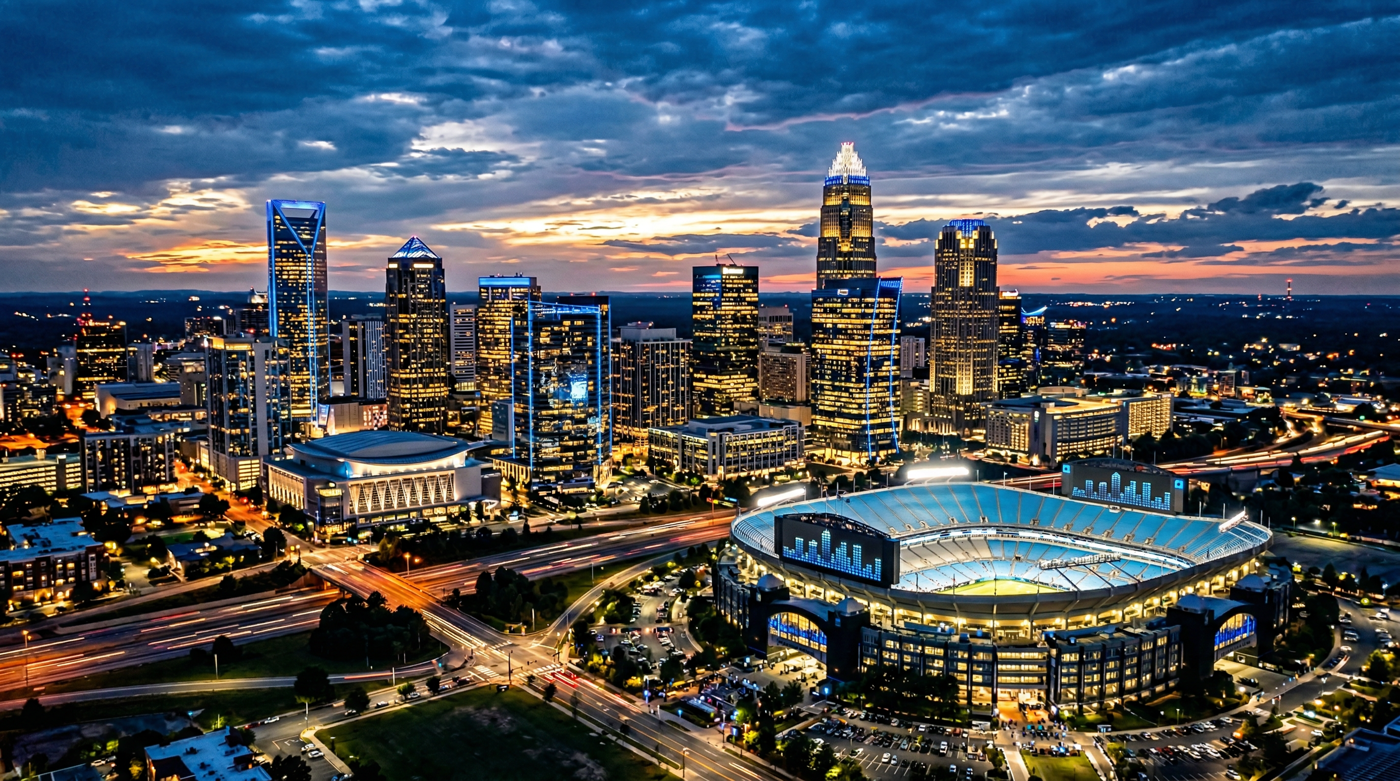 Charlotte North Carolina skyline at dusk with Bank of America Stadium
